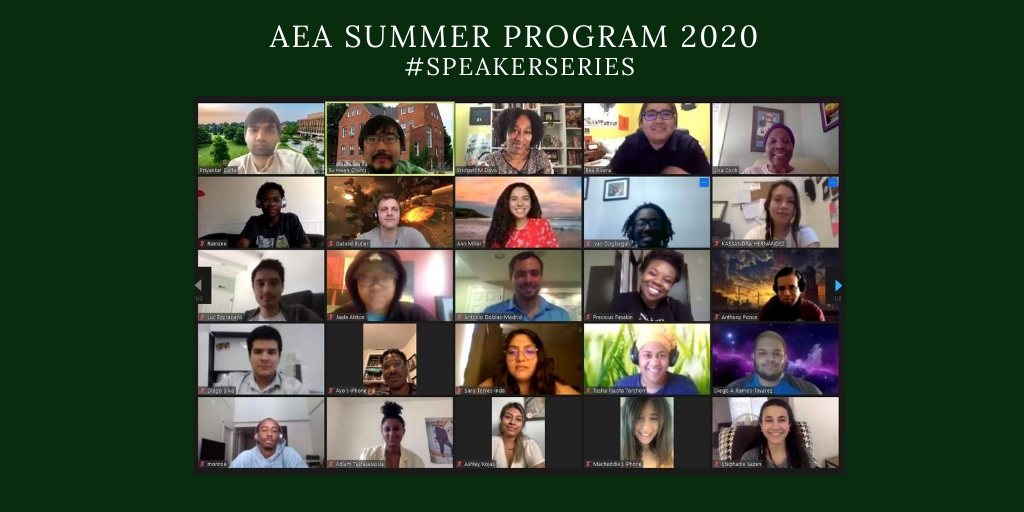 AEASPmsu's tweet photo. The AEA Summer Program would like to thank all of our distinguished guests. #AEASP20 #SpeakerSeries #SummerOfEcon @michiganstateu @MSU_SocSci #FutureEconomists #Welooklikeeconomists @paulkrugman @bridgettmdavis @robgillezeau @DrJPCunningham @AlbertoDavilaU @Marietmora https://t.co/HcQISmHQwg