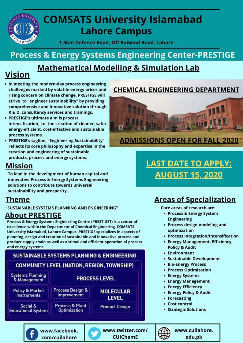 CUIChemE's tweet photo. Process and Energy Systems Engineering (PRESTIGE) is established within the Department of Chemical Engineering, CUI-Lahore in collaboration with “Process System Engineering Center (PROSPECT) – Universiti Teknologi Malaysia (UTM), Malaysia”. https://t.co/6ibfjKlxrl