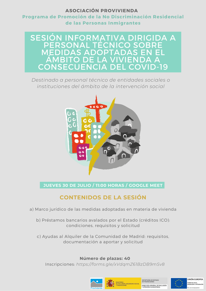 provivienda_org's tweet photo. 📢 ¡Abiertas las inscripciones para nuestro último taller sobre las medidas de vivienda adoptadas frente a la crisis del #Covid19!
¿Para quién? 🙋♀️ Personal técnico de entidades sociales o administraciones.
👉 Inscripción: https://t.co/xACIhjs6HG #NoDiscri https://t.co/xN6mzz2ffM