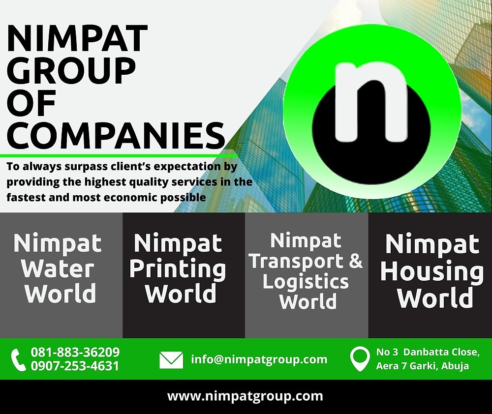 NimpatGroup's tweet photo. To become the benchmark of a one stop solution service provider in all we do.
Visit https://t.co/gMoRn4hyJx for more info .
#Printing #waterproduction #logistics #bottlewater #company #abuja #trends #transportation #housing https://t.co/8GoB7P1olI