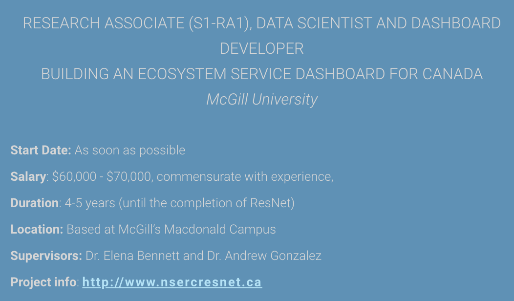 NSERC_ResNet's tweet photo. Apply to be our Data Scientist &amp; Dashboard Developer! 5-yr research associate position open for you to join our team @McGillMacCampus to work on a dashboard for 🇨🇦 #ecosystemservices supervised by @ElenaBennett &amp; @bio_diverse! Pls share in your networks! https://t.co/zOte1CYaW8 https://t.co/aETKUPmYDl