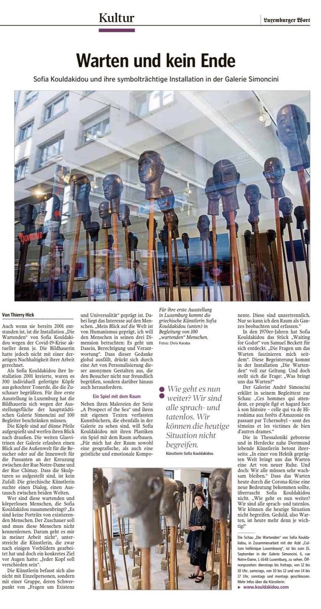 LuxGreek's tweet photo. Die Ausstellung „die Wartenden“ - “WAITING” Installation of Sofia Kouldakidou - Gallery Simoncini analysiert im Luxemburger Wort 

Ausstellung bis zum 15.September 2020

Fotos aus der Eröffnung:

https://t.co/m1FPQD4jgn https://t.co/ivg0kL88GD