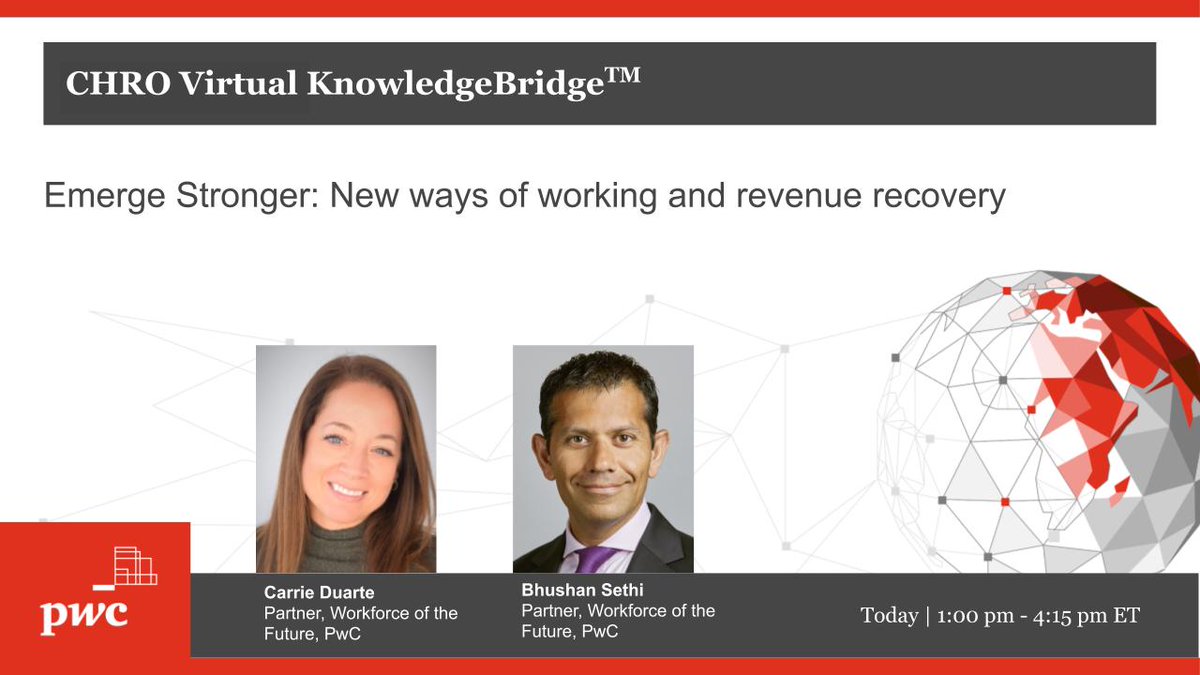 Looking forward to speaking today with #CHROs on how to move forward with the new ways of working along with PwC's global people &amp; org co-leader <a href="/bhushansethi1/">Bhushan Sethi</a> 

#futureofwork