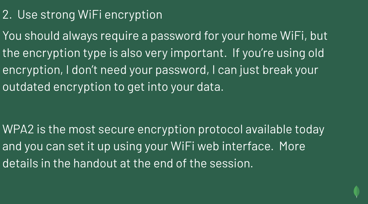 lifeatmongodb's tweet photo. Here are some snippets from the "Trust, Then Verify: An Actionable Guide to Keeping Yourself Safe Online" @WITI webinar yesterday. Thank you Dawn Charles and Lena Smart for sharing your expert security tips! Learn more about our team: https://t.co/p9nYCRwuLl #LifeAtMongoDB https://t.co/nHy0XxEgQd