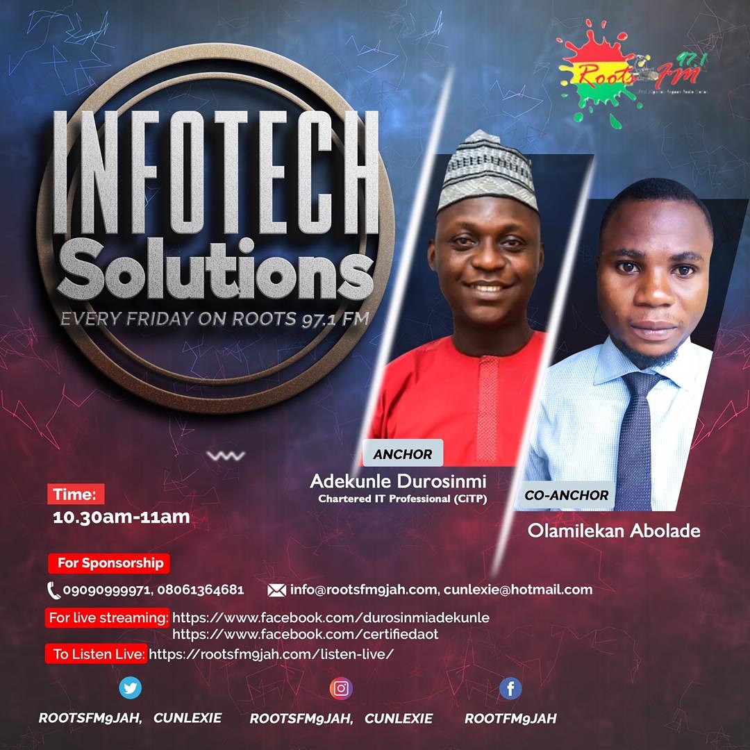 cunlexie's tweet photo. ICT Friday prog. #ICTLive #InfotechSolutions
FYI @DrIsaPantami @ProfSodiya @NigeriaComputer @CPN_Nigeria @NITDANigeria https://t.co/13TLGmSq9o