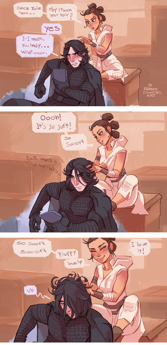 RamenDoodlesArt's tweet photo. Rey never really got to touch Ben's luscious mane, and that's not right m'am. We stan relaxing hair touching in this house! #reylo #StarWars https://t.co/0HJB7cSHyw