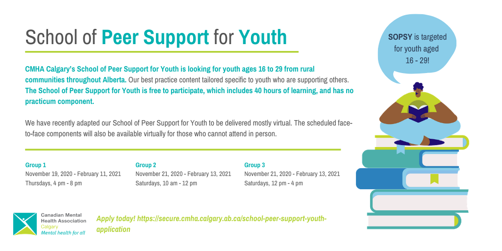 CMHACalgary's tweet photo. CMHA Calgary’s School of Peer Support for Youth is looking for youth ages 16 to 29 from rural communities throughout Alberta. To learn more and apply, please visit https://t.co/nEjQT9cwYl https://t.co/1qvAkXPlyD