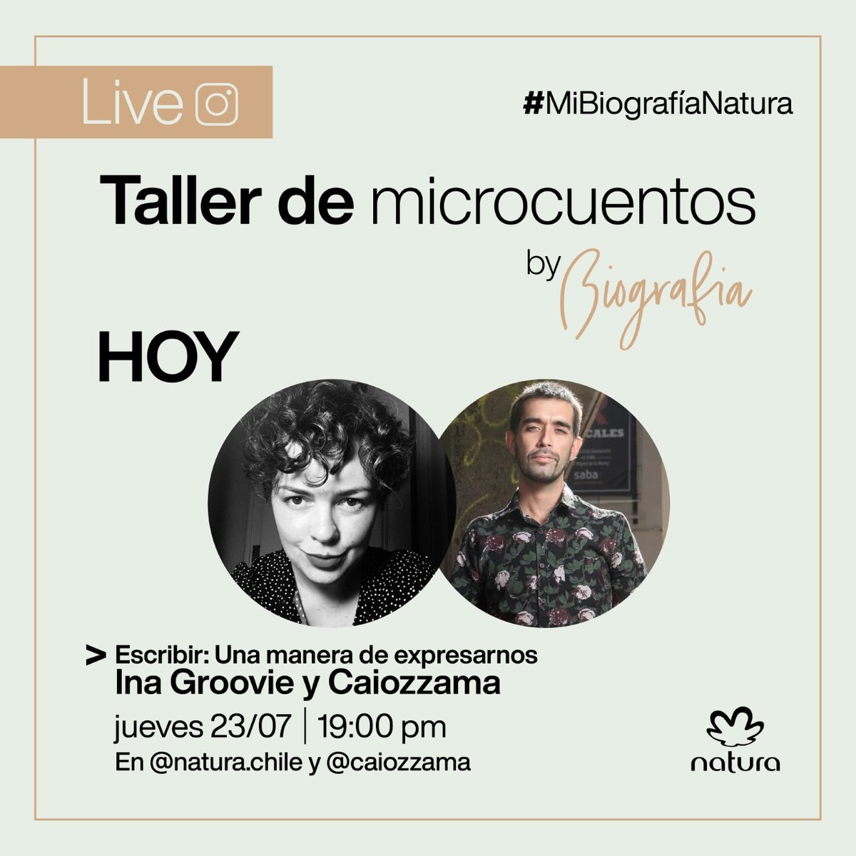natura_chile's tweet photo. ¡Porque escribir es una excelente manera de expresarnos! HOY no te pierdas el #tallerdemicrocuentos junto a la escritora @InaGroovie y el artista urbano @Caiozzama en un nuevo LIVE #MiBiografíaNatura a través del Instagram de #NaturaChile. ¡Te esperamos!  ☺📝🧡 https://t.co/pa5kZ6CPr1