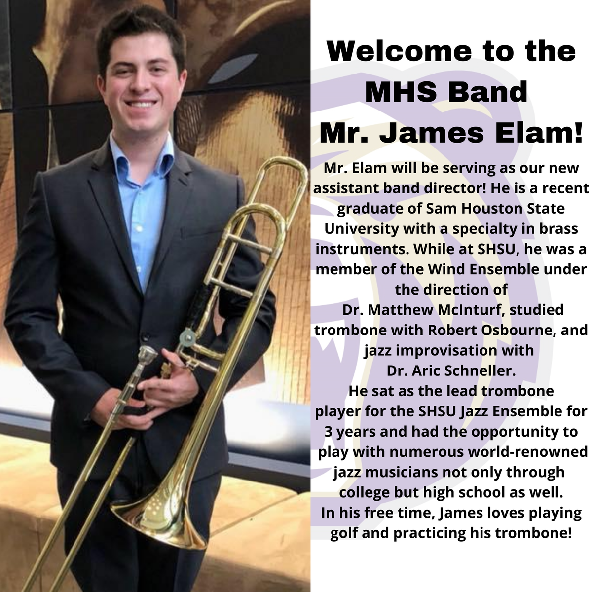 Welcome to the MHS Band Mr. James Elam! We are excited for you to begin your professional teaching career with our program! Go Bears! <a href="/BandMontgomery/">Montgomery Band Boosters</a> <a href="/mhs_bears/">Montgomery High School</a>