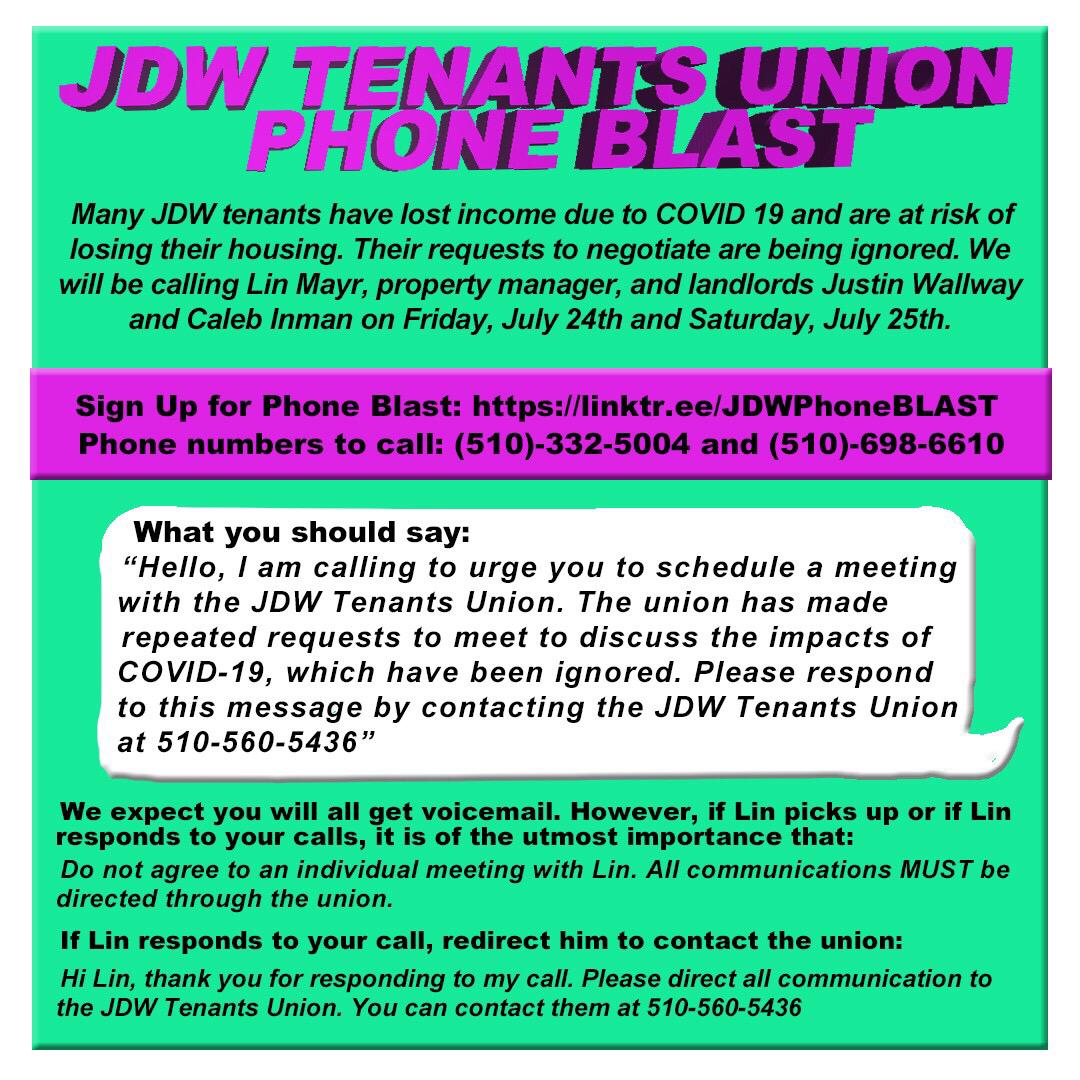 Let’s turn up the heat for JDW tenants council. Blow up their slumlord’s phone and help them demand good faith negotiations now! Details in flier.