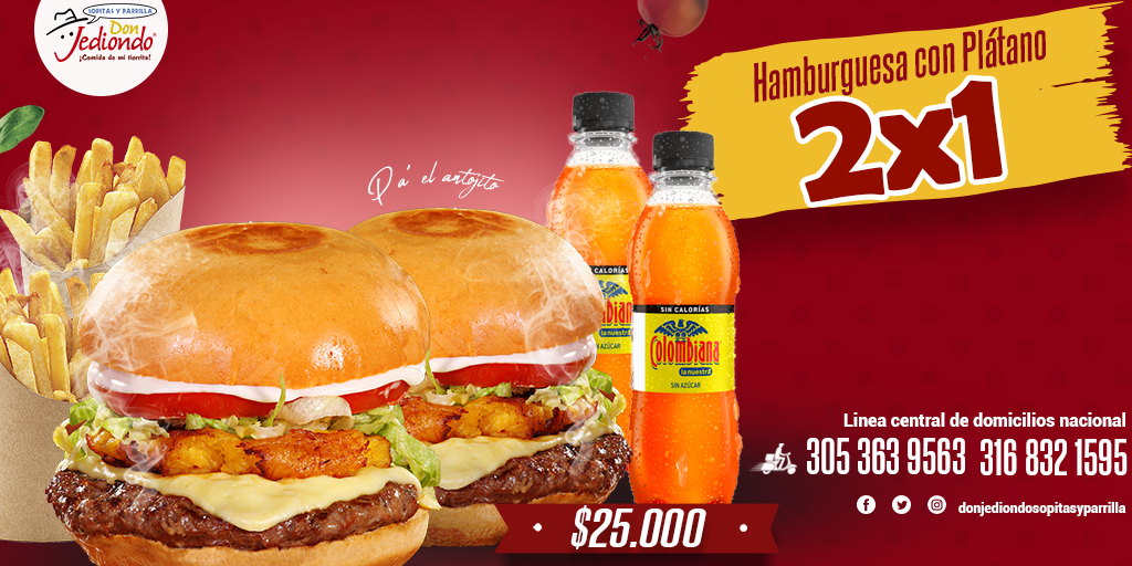 donjediondos's tweet photo. DISFRUTA AL DOBLE!!!
Pide nuestro combo de hamburguesa con plátano a nuestra central de domicilio y disfruta en compañía!
☎️3053639563 - 3168321595 - 3142888888 https://t.co/jYF0M1AzCY