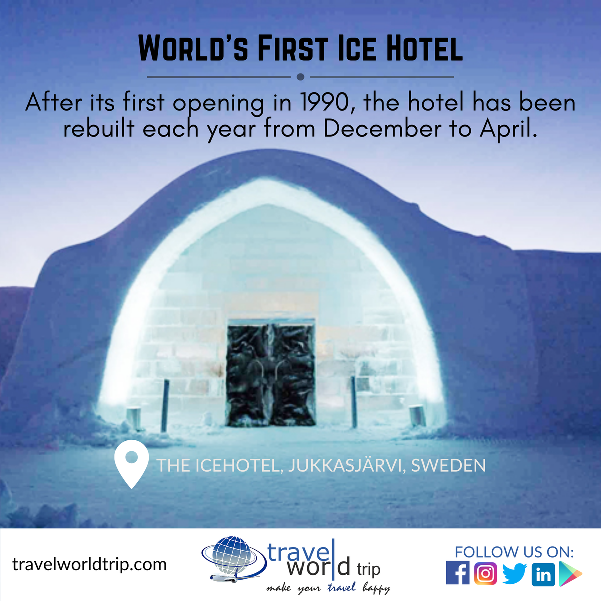 It was the world's first ice hotel, 80 rooms and suites are available. The entire hotel is made out of snow and ice blocks 

#travelworldtrip #travel #travelphotography #travelagency #travelagent #TravelTheWorld #icehotel #icehotelsweden #icehoteljukkasjärvi