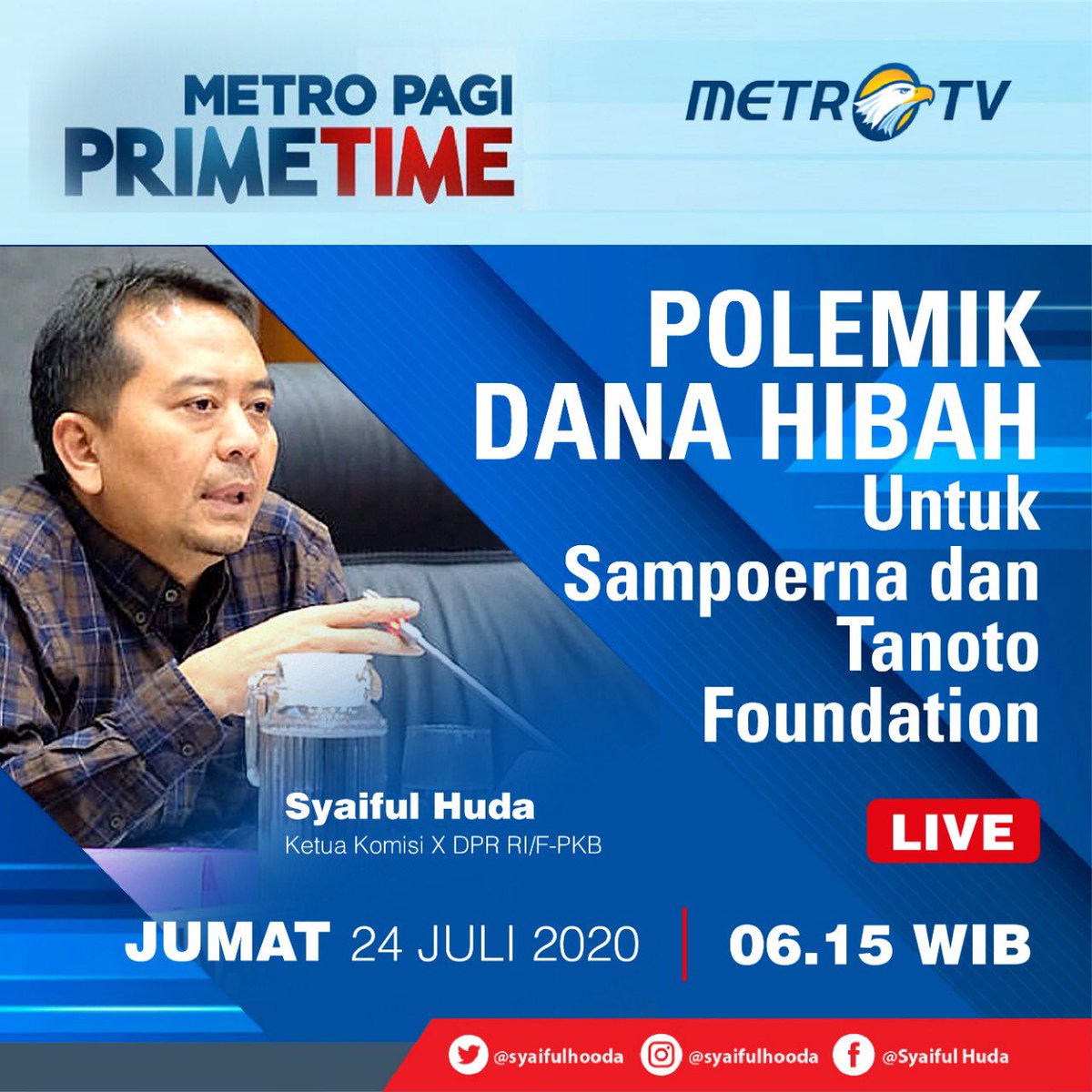 Besok pagi, pukul 06.15 WIB, live di <a href="/Metro_TV/">METRO TV</a>. 

Tetap #AksiMelayaniIndonesia. 

<a href="/cakimiNOW/">A Muhaimin Iskandar</a> <a href="/DPR_RI/">DPR RI</a>