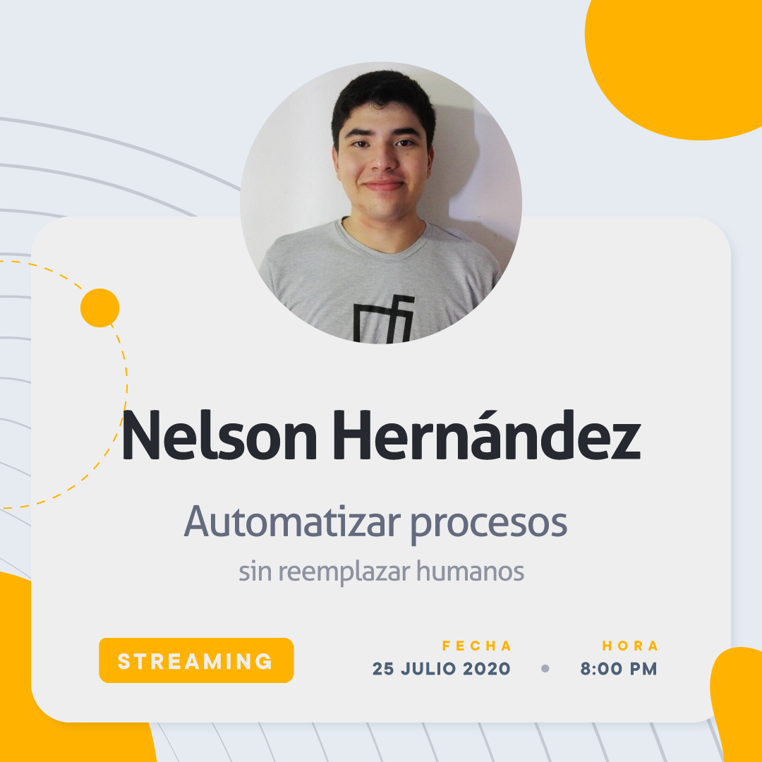 HorchataJS's tweet photo. ¡Regresamos con eventos de HorchataJS! 🙌

📢 Automatizar procesos sin reemplazar humanos
🗣️ Nelson Hernandez, Full Stack Developer
🗓️ Sábado 25 Julio 8:00 p.m
🔗 https://t.co/2UwN2XNkc8

#HorchataJS #ElSalvador #Meetup #EStreamerCoders #StayAtHome https://t.co/SAjZfMm6pz