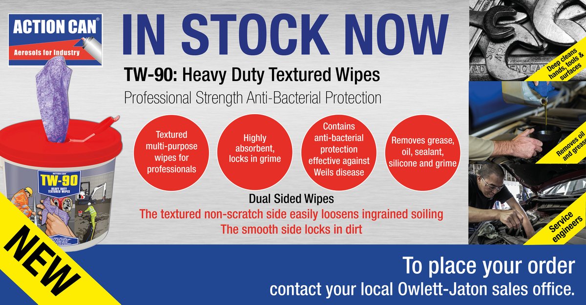 OwlettJaton's tweet photo. Introducing New Action Can TW-90 Heavy-Duty Textured Wipes - handy absorbent wipes that remove grease, grime and paint whilst simultaneously providing anti-bacterial protection.
Available to order today! Get yours whilst stocks last.
#actioncan #owlettjaton #anti-bacterialwipes https://t.co/kDnZFnbS03