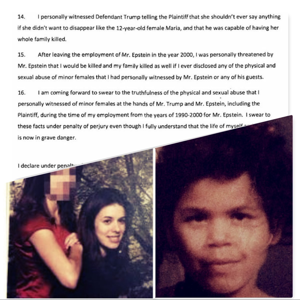Sbengler's tweet photo. @jkbjournalist I hope very much this is the #trumpEpstein plaintiff-who had an eyewitness. We have a right to know if our #MobsterPOTUS may be a child rapists & murderer-as implied in sworn affidavits! https://t.co/uEwY1L4XDe