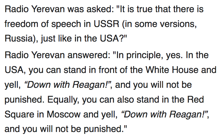 This joke no longer works. And the reason is not that there is freedom of speech in Russia...

#radioyerevan #yerevan #joke #trump #putin #ussr #reagan #freedomofspeech #BLMprotest #ImpeachTrumpAgain