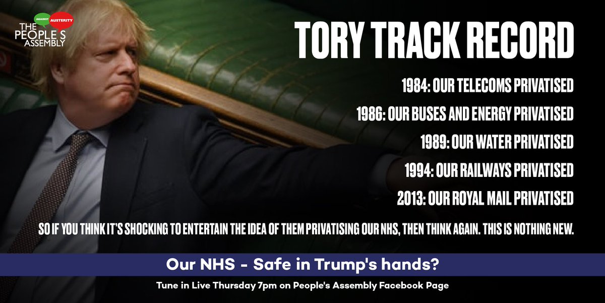 The Tories have been on a smash and grab privatisation spree for decades. 

We can't let it continue:

1. Join me tonight at 7pm when I'll discuss the future of our NHS live with @LauraPidcock @ellen_lees and @JohnRLister at facebook.com/ThePeoplesAsse…

2. RT and say #HandsOffOurNHS