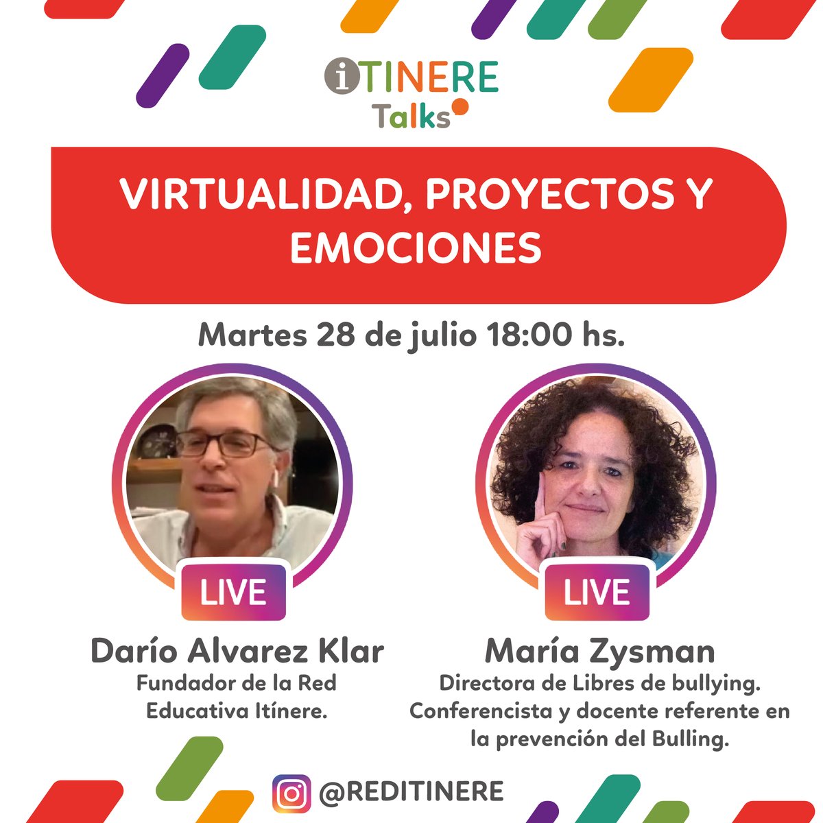 RItinere's tweet photo. En tiempos de distanciamiento social pero no afectivo @daklar  conversará con @mariazysman sobre pautas que apuntan a acompañar a los niñ@s y jóvenes en estos tiempos tan dinámicos.
Cómo tener proyectos en este nuevo contexto?
Cómo prepararnos para el regreso y sostener vínculos? https://t.co/X4apnv4Rja