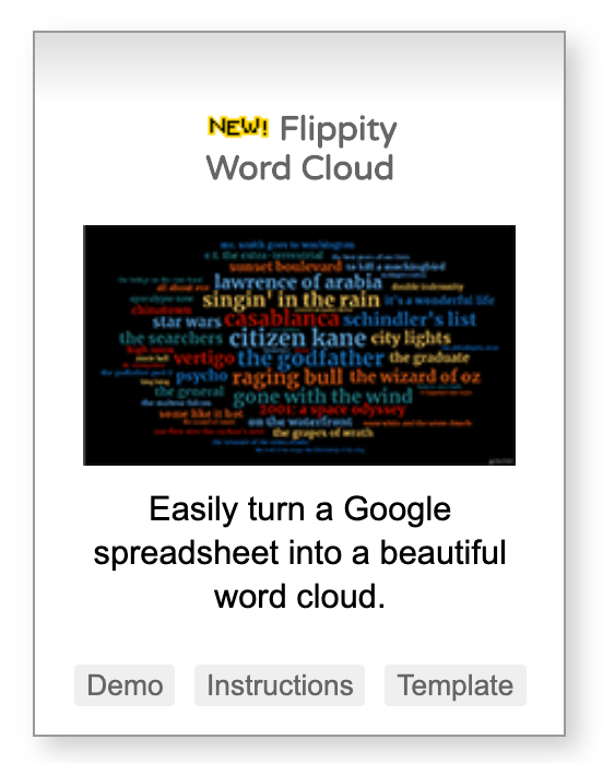 lesliefisher's tweet photo. Flippity. Word. Cloud. FLIPPITY WORD CLOUD! Just released an hour or so ago. Use, even share the Google Sheet template Flippity has created for you to create word clouds on your own, with students or have students create them for you! https://t.co/qbNGWtTG1Q https://t.co/U2b8RLp5B5