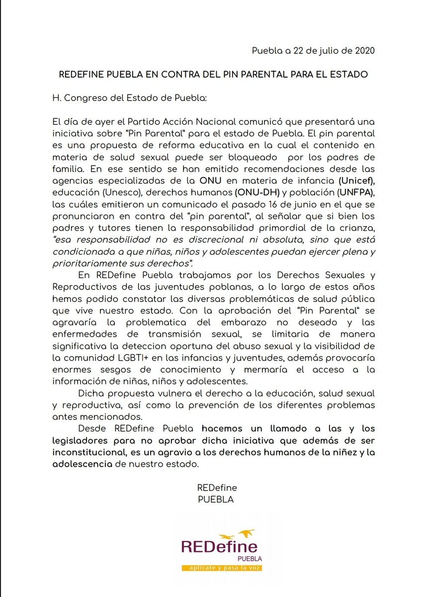REDefinePuebla's tweet image. 👉REDefine Puebla emite el siguiente comunicado sobre la propuesta del diputado de la bancada de Acción Nacional.

Consideramos que se deben respetar los Derechos Humanos de la niñez y juventud de Puebla 🙌

#NoAlPinParentalPuebla 
#NoAlPinParental
