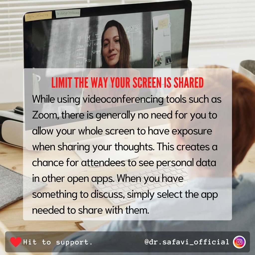 SmSafavi's tweet photo. Limit the way your screen is shared

#videoconference #zoom #update #patch #securityawareness #cybersecurityawareness #cybersecurity #advice #diy #safetyfirst #safetytips https://t.co/tLDRHd9sAW