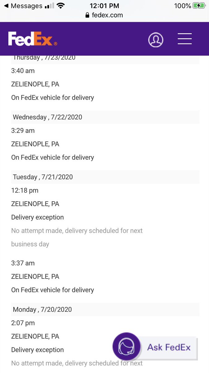 guerreroceramic's tweet photo. @FedEx will the 5th delivery notification be real, or are you still crying wolf? 😭 #youcandobetter https://t.co/NTaTxTc11L