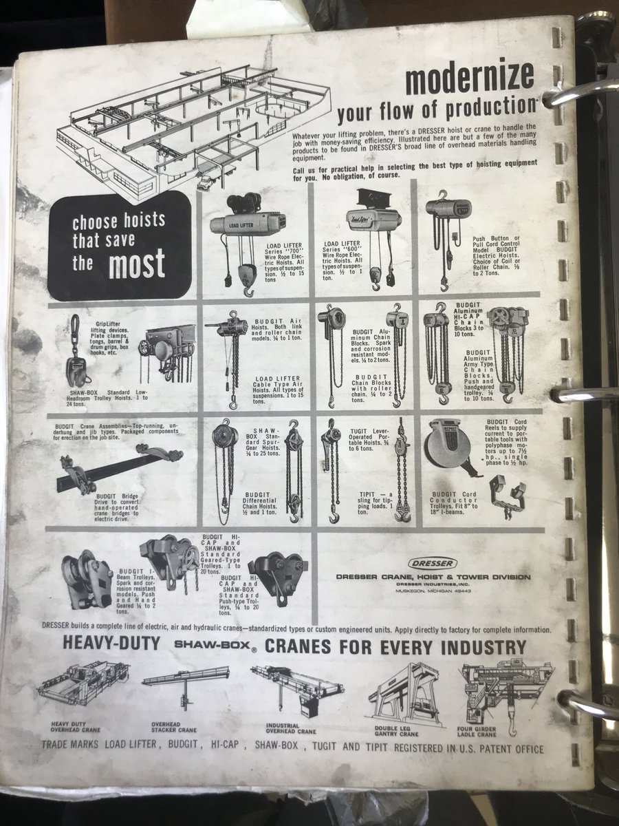 Kristian_Ltd's tweet photo. This brochure is almost as old as Kristian!  A 1965 product pamphlet from Dresser Industries.  Some of these brands are still available today.

@CMCOLive #vintagetools #retrotools #dresserindustries #shawbox #loadlifter #hoists #hoist #chainhoist #chainhoists #budgit https://t.co/ALJaIPtln8