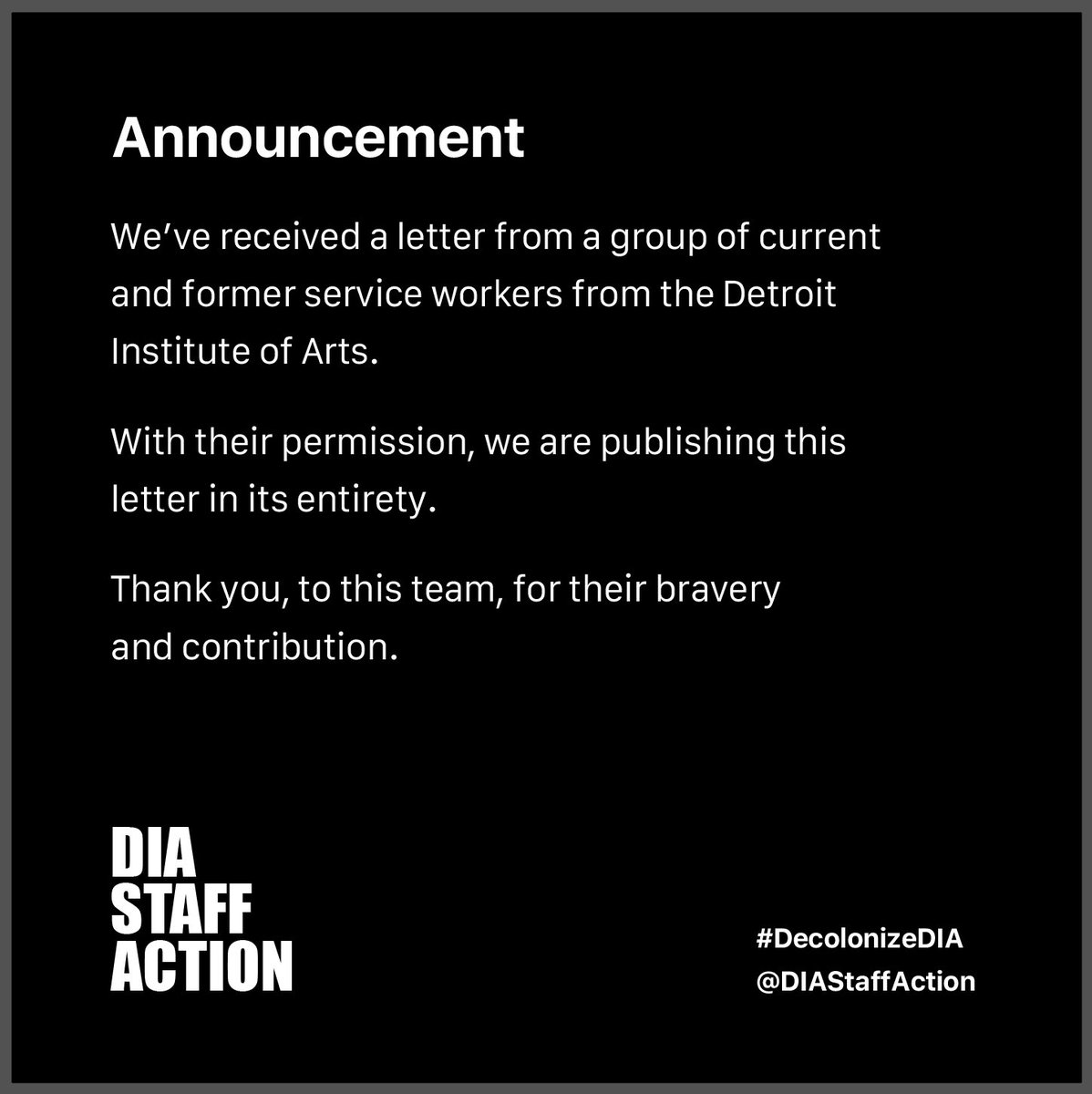 DIAstaffaction's tweet photo. ‼️Read the full letter here: https://t.co/xTRGy1egfy
#MuseumsAreNotNeutral #DecolonizeDIA https://t.co/L4tz6BmmvE