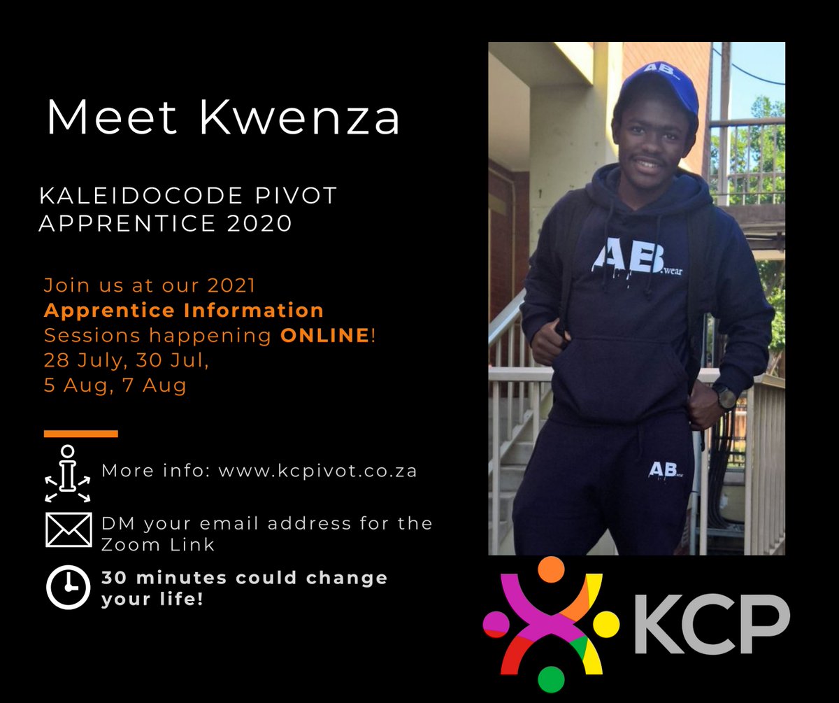 KCPivot's tweet photo. "The biggest advantage of this apprenticeship is that you get to grow as an IT specialist while working with real-life projects which go to production!" Kwenza, 2020 Kaleidocode Pivot Apprentice. 

DM us your email for the ZOOM link to our info sessions. 
#graduate #software https://t.co/G7X5pIHsUy