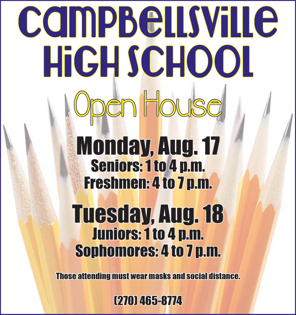 CHS will host open house events on Aug. 17 and 18 for the 2020-2021 school year.
CHS officials ask that those attending wear masks while in the building and practice social distancing. cville.kyschools.us/News/35065#sth…
#eaglepride #wearecampbellsvilleeagles #changinglives