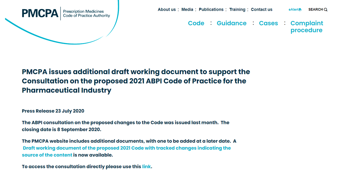 PMCPA issues additional draft working document to support Consultation on 2021 Code of Practice
pmcpa.org.uk/about-us/media…