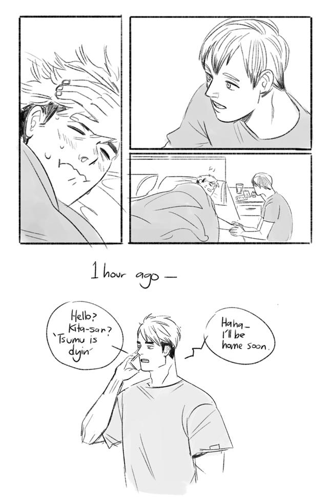 #atsukitaweek day 2+3 Home and warm touches

atsumu is sick and osamu calls kita-san instead, instant recovery. 