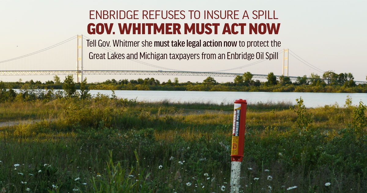 OilWaterDntMix's tweet photo. Enbridge refuses to insure Michiganders and the #GreatLakes from a Line 5 oil spill. They've lost the right to use our water for their profit. CALL @GovWhitmer - she must take legal action to decommission the pipeline and revoke the easement.

CALL NOW: https://t.co/gNKq5Hve5V https://t.co/wRidQj4Rmw