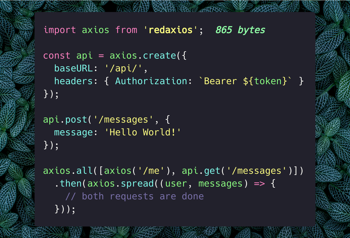 Redaxios is an ~800b Axios stand-in built on Fetch.

0.3 just added support for the baseURL, responseType, params, paramsSerializer and withCredentials options, plus fetch mocking and FormData support.

github.com/developit/reda…
