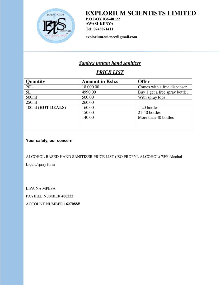 ExploriumL's tweet photo. @senatorkajwang Hi Mhesh. A POLITE request that should you(or your office) consider buying KEBS Approved sanitizers to combat COVID-19, u consider buying from a SMALL, local, youth-based start-up. U can have a look at our COMPETITIVE 👇👇 https://t.co/UPIpJhUdaC