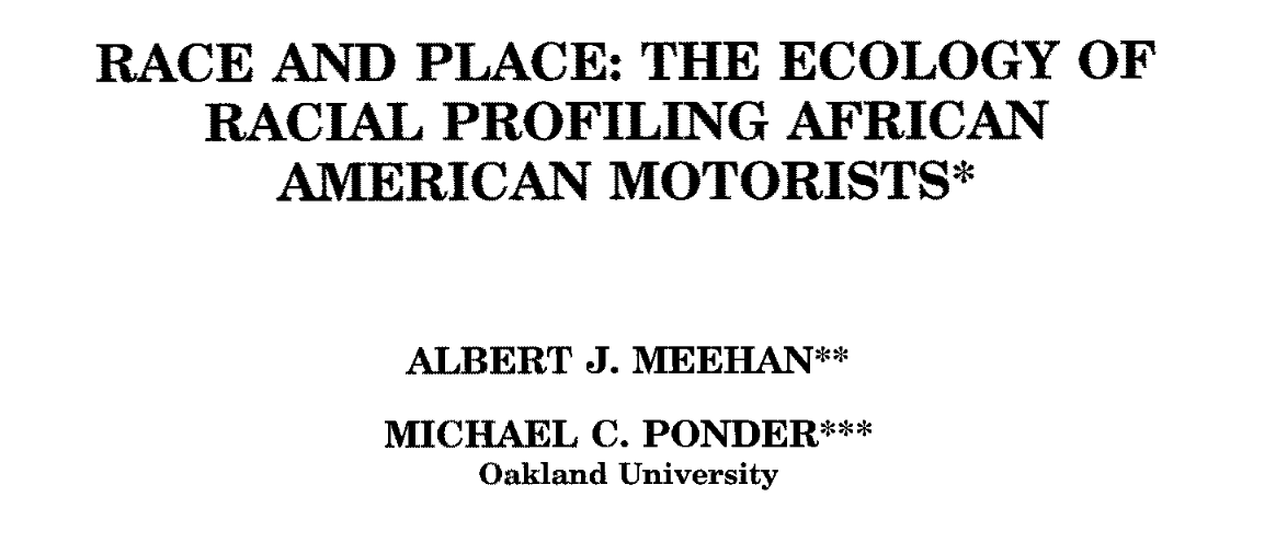 606/ "The proactive surveillance of African American drivers, significantly increases as African Americans travel farther from 'black' communities and into whiter neighborhoods." However, Black drivers "are the least likely to have legal problems (i.e., hits)" in these areas.