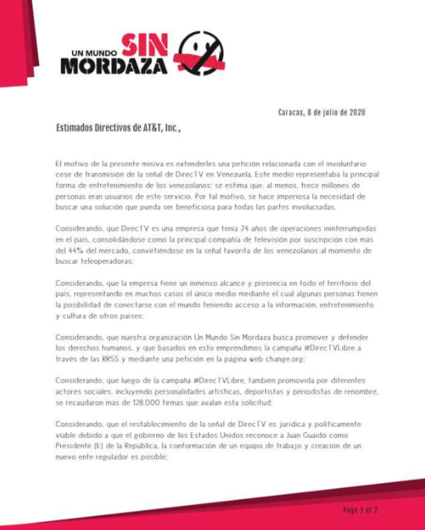 Sinmordaza's tweet photo. El pasado 20 de julio enviamos nuevamente una carta a los directivos de AT&T pidiendo una señal humanitaria de Directv para Venezuela.
¡Ayúdanos a reunirnos con ellos y obtener una respuesta dando RT y like a este tweet!
Lee la carta en: https://t.co/DLOC0diNiN
#DirectvLibre https://t.co/5vK4iF837y