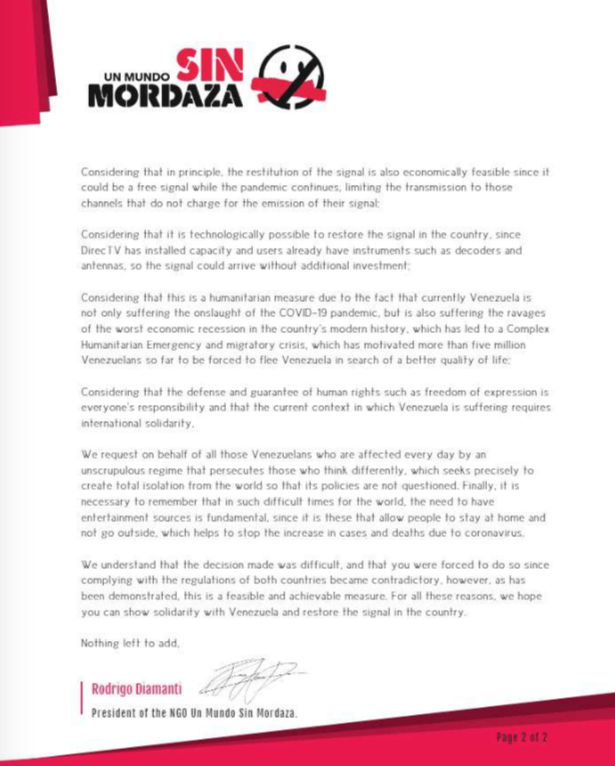 Sinmordaza's tweet photo. El pasado 20 de julio enviamos nuevamente una carta a los directivos de AT&T pidiendo una señal humanitaria de Directv para Venezuela.
¡Ayúdanos a reunirnos con ellos y obtener una respuesta dando RT y like a este tweet!
Lee la carta en: https://t.co/DLOC0diNiN
#DirectvLibre https://t.co/5vK4iF837y