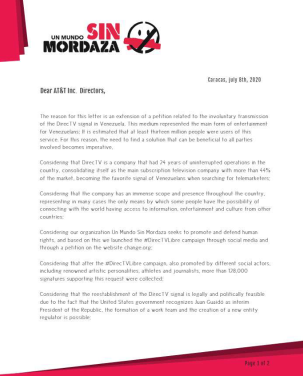 Sinmordaza's tweet photo. El pasado 20 de julio enviamos nuevamente una carta a los directivos de AT&T pidiendo una señal humanitaria de Directv para Venezuela.
¡Ayúdanos a reunirnos con ellos y obtener una respuesta dando RT y like a este tweet!
Lee la carta en: https://t.co/DLOC0diNiN
#DirectvLibre https://t.co/5vK4iF837y