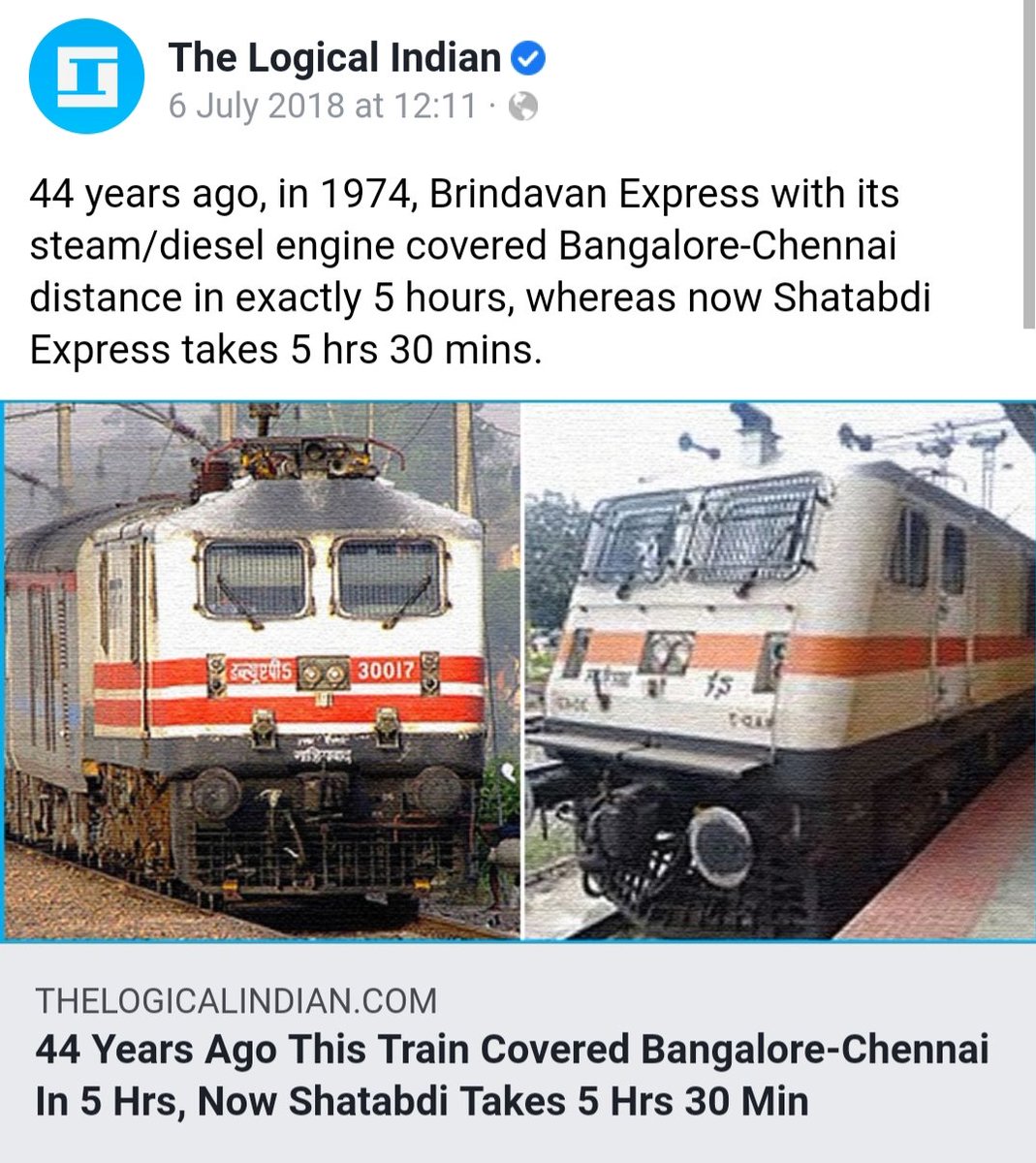 RailwayResearch's tweet photo. Hon. @narendramodi ji

46 years ago, in 1974, Brindavan Express with its steam/diesel engine covered Bangalore-Chennai distance in exactly 5 hours, whereas now Shatabdi Express takes 5 hrs 30 mins.

Even after huge capital expenditure from 2014-2020, we can BOAST the SAME speed. https://t.co/u1s4OuUnPd