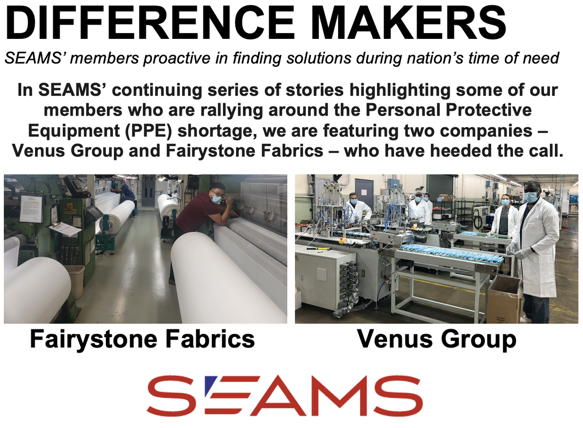 SeamsAssoc's tweet photo. @SeamsAssoc is featuring our members heeding the call during the #PPEShortage. Here, @venusgroup and Fairystone Fabrics are featured.
https://t.co/BlXfITrIBO
#MadeinAmericaPPE #BuildingASupplyChainBridge #MadeInAmerica #MadeInUSA #MedicalTextiles #PPE #GetusPPE #safetyfirst https://t.co/cvsLTe0Hnz