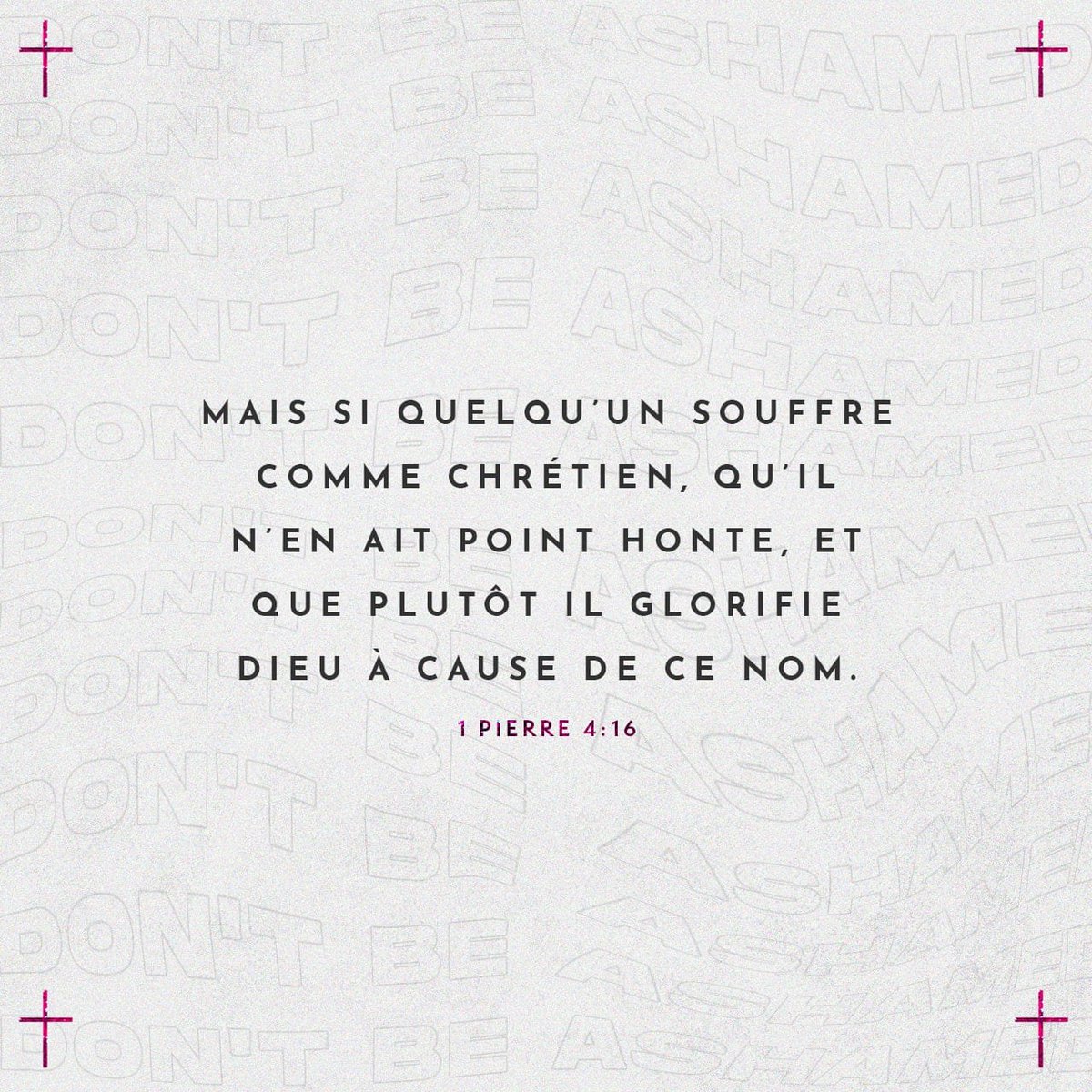 shajeri92's tweet photo. Mais s’il souffre parce qu’il est chrétien, il ne doit pas avoir honte. Il doit plutôt remercier Dieu de pouvoir porter le nom du Christ.
Première lettre de Pierre 4:16 PDV2017 https://t.co/3HWh6z8h0f