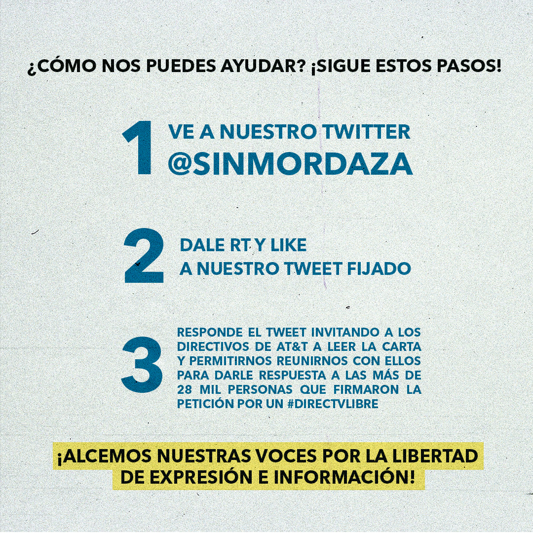 Sinmordaza's tweet photo. ¿Cómo nos puedes ayudar? Ve a nuestro perfil de twitter (@sinmordaza) y da RT y like al tweet fijado.
Responde el tweet mencionando a @EdWGillespie @karimlesina + #DirectvLibre https://t.co/1xLv7FLhth