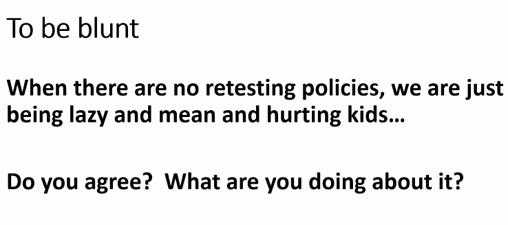 calarmstrong's tweet photo. Steve Leinwand : "When there are no retesting policies, we are just being lazy and mean and hurting kids..."
#mtbos #pctmvirtual https://t.co/OfRYNmO2Vc