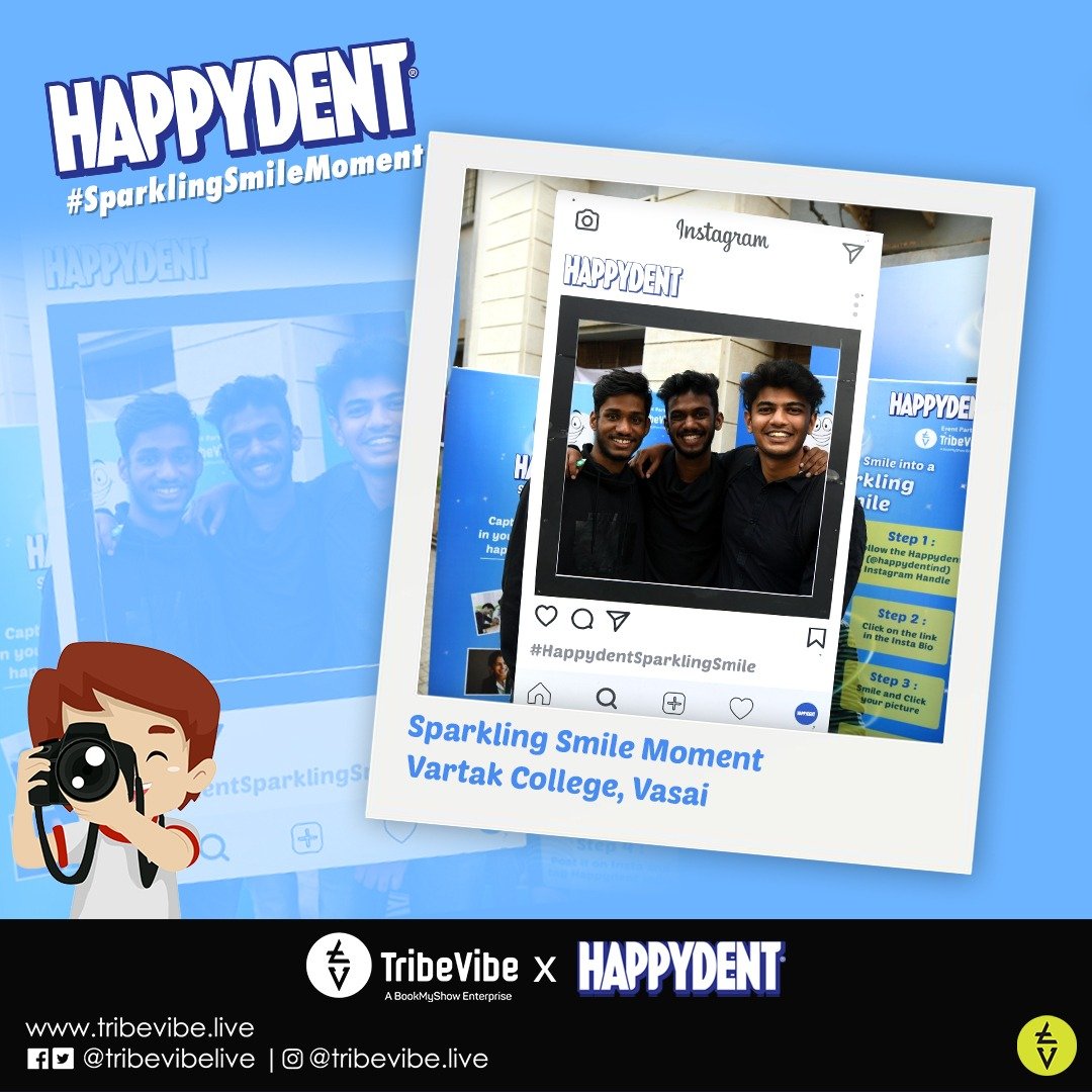 TribeVibeLive's tweet photo. Smiles are free, it wouldn't hurt us to flash them once in a while.
Take a look at our HappyDent Sparkling Smile of the Day Moment at Zeel Festival, Vartak College,Vasai. 😁
Keep Smiling with Happydent.
#HappyDent #SmilePartner #KeepSmilling #SmileOfTheDay #SparklingSmile https://t.co/UgjEvrCNh1