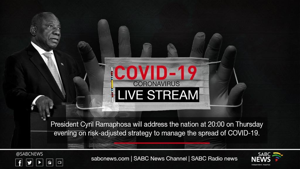 SAfmRadio's tweet photo. President Cyril Ramaphosa to address the nation this evening tentatively at 8pm on the developments in South Africaโs risk adjusted strategy to manage the spread of Covid-19.
#Level3SALockdown #Covid19SA
Live stream: https://t.co/PJ9IiGWjWg https://t.co/IZlA8rIrap