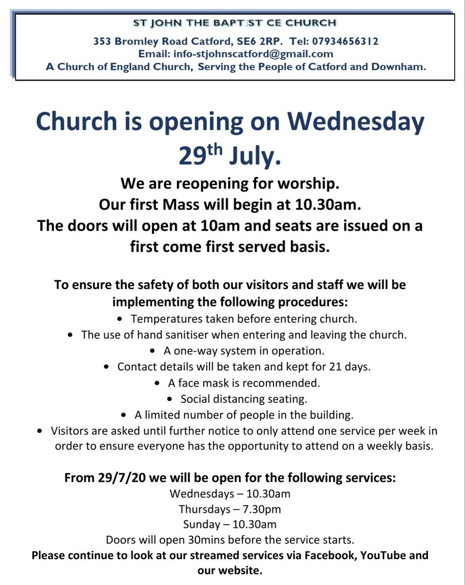 StJohnsCatford's tweet image. So thrilled to announce we are ready to open from Wednesday. Full details on this poster 👇See you soon! Please note live streamed services will be continuing if you aren't able to return yet. #easinglockdown #stjohnscommunity @SouthwarkCofE @catford_se6