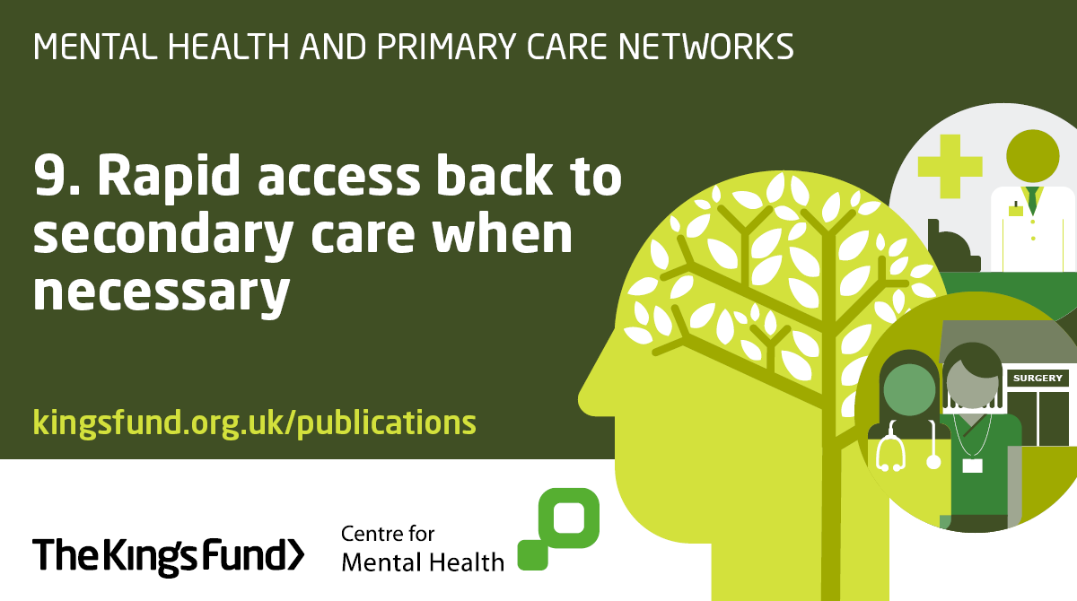 And finally our ninth principle highlights the need for clear processes that GPs can follow to attain rapid access to specialist advice or support for an individual.  https://www.kingsfund.org.uk/publications/mental-health-primary-care-networks?utm_source=twitter&utm_term=thekingsfund&utm_medium=social