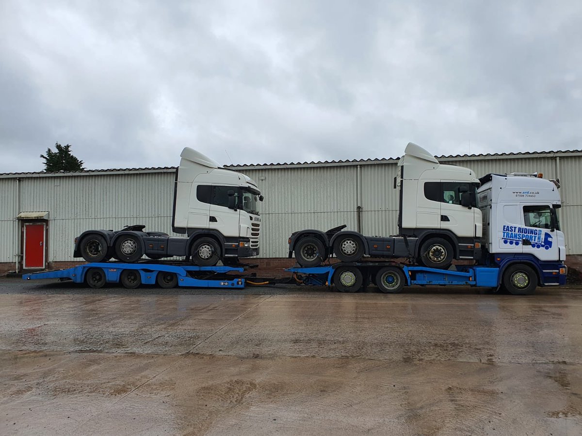 RidingTransport's tweet photo. Two #Scania units out for delivery on our #Scania Transporter today. It’s a bit wet out, but we’ve never let a bit of rain stopped us. @ScaniaGroup @ScaniaUK #Haulage #Logistics #Transport #HGV #Delivery #UKWide #AlwaysReadyToWork #ContactUs #Follow #Like #Retweet https://t.co/8DgYEF4TSP